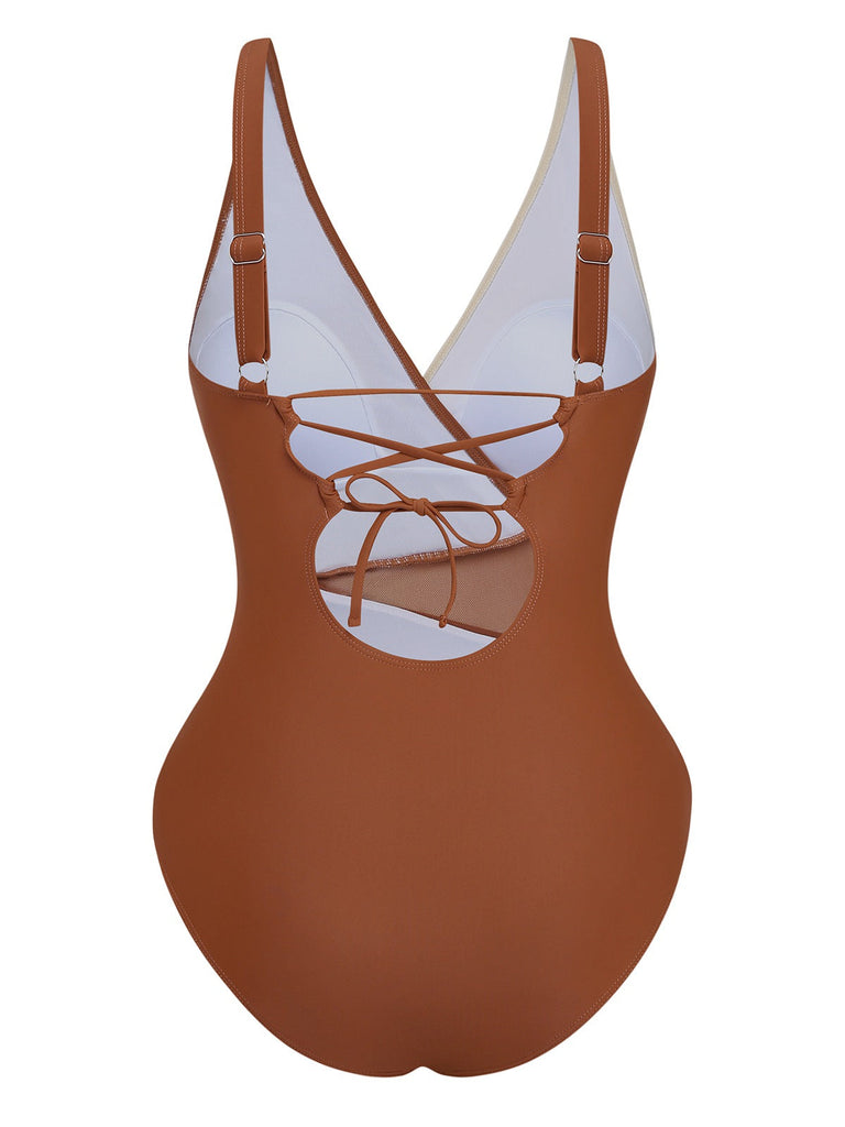 Khaki 1950s Starfish V-Neck Tummy Control One-Piece Swimsuit back-view