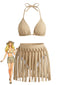Set Bikini Cachi Anni '70 con Frange Patchwork e Scollo All'americana