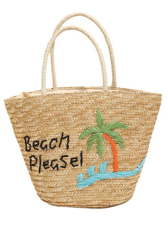 Borsa da Spiaggia Grande in Paglia Ricamata Palme Kaki