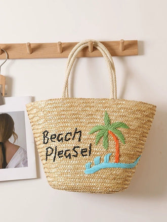 Borsa da Spiaggia Grande in Paglia Ricamata Palme Kaki 2