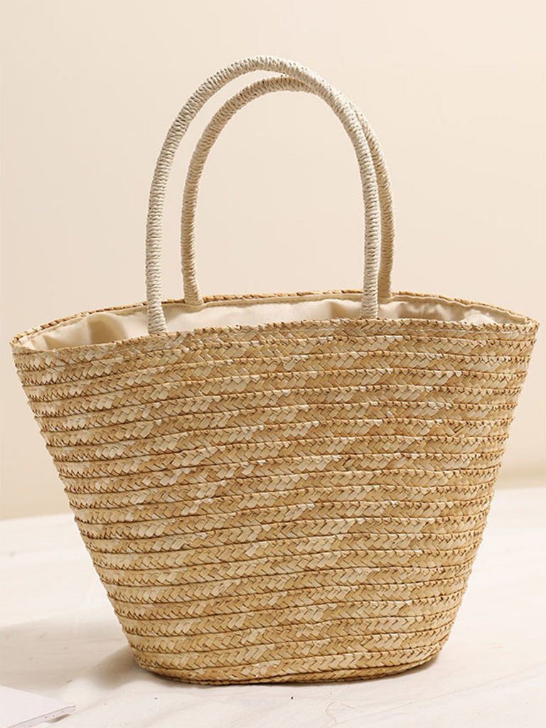 Borsa da Spiaggia Grande in Paglia Ricamata Palme Kaki 3