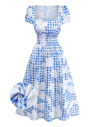 [Pre-Vendita] Abito Midi Smock a Collo Quadrato con Vichy Floreale Blu Anni '40