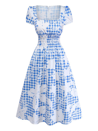 [Pre-Vendita] Abito Midi Smock a Collo Quadrato con Vichy Floreale Blu Anni '40 2