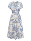 Abito Azzurro Anni '50 Stampa Porcellana Arricciato con Scollo a V