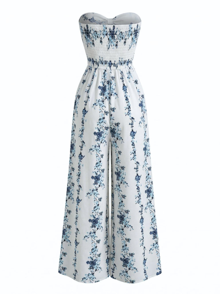 Tuta Bustier Floreale Gamba Larga Bohémien Blu Anni '70 4