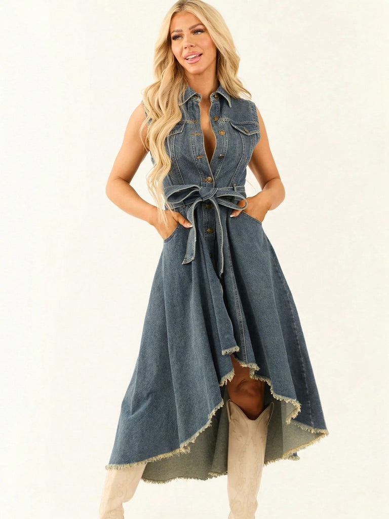 Abito Azzurro Senza Maniche High-Low Hem in Denim Anni '50 2