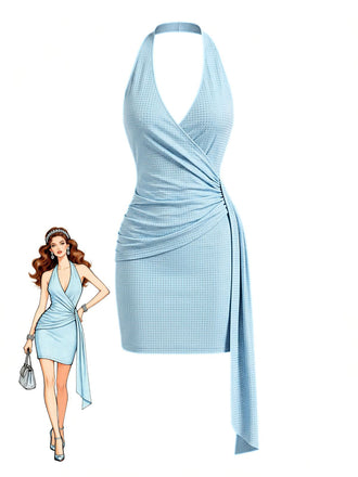 Abito Aderente con Strass Scollatura Profonda Schiena Scoperta Blu Anni '60