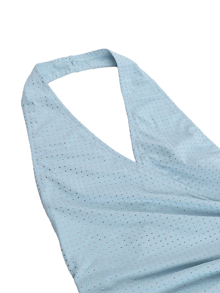 Abito Aderente con Strass Scollatura Profonda Schiena Scoperta Blu Anni '60 5