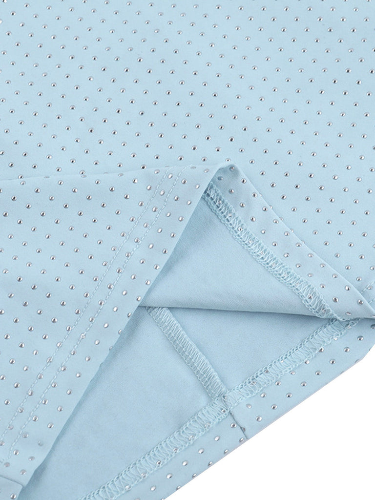 Abito Aderente con Strass Scollatura Profonda Schiena Scoperta Blu Anni '60 6