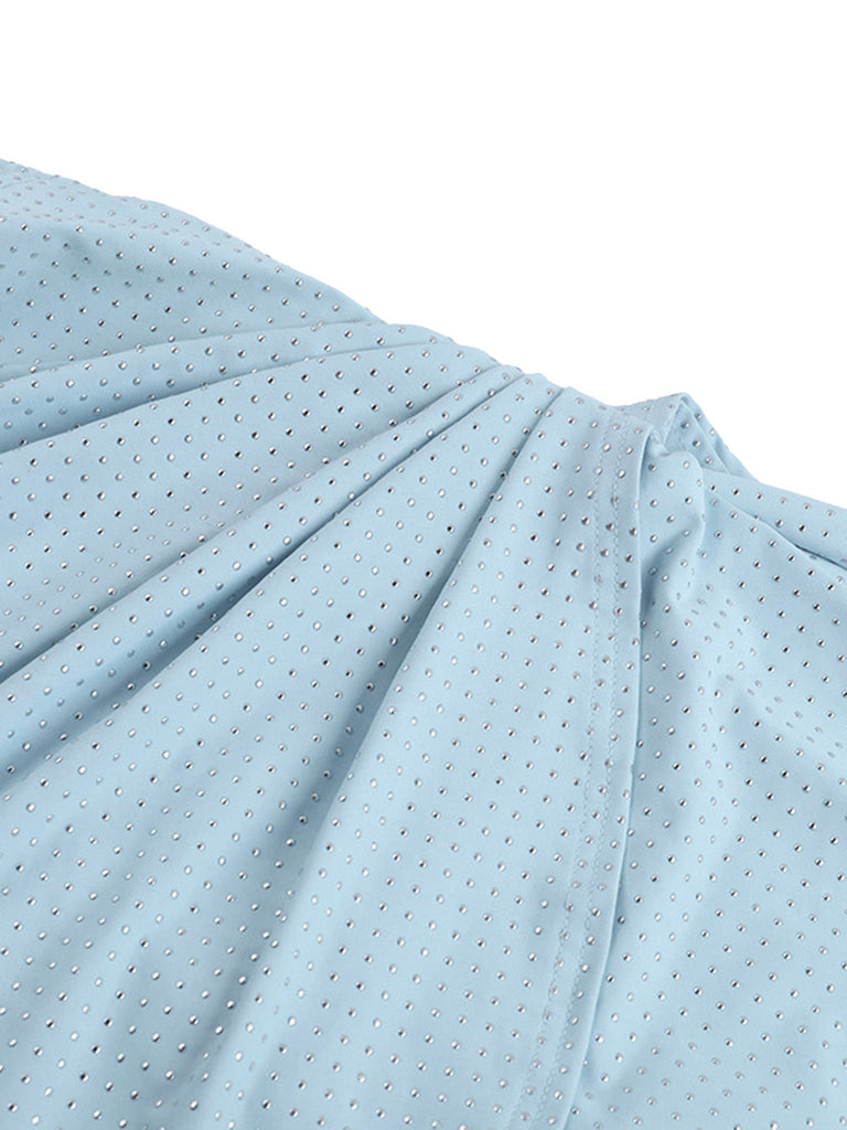 Abito Aderente con Strass Scollatura Profonda Schiena Scoperta Blu Anni '60 7