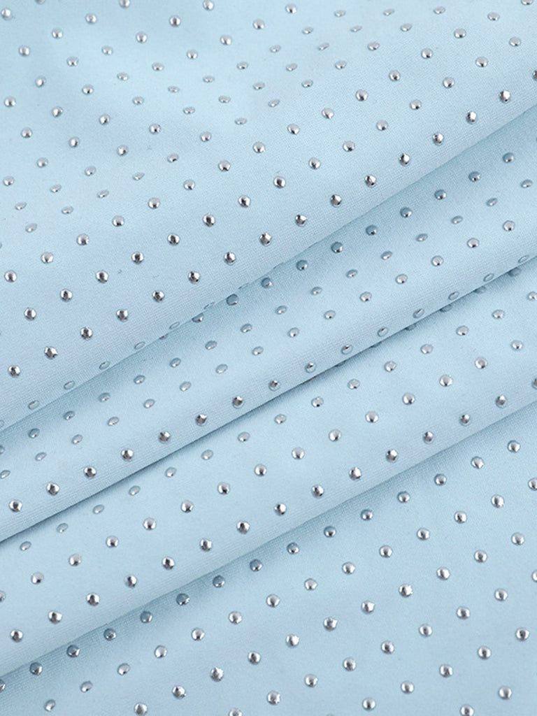 Abito Aderente con Strass Scollatura Profonda Schiena Scoperta Blu Anni '60 8