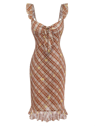 [Pre-Vendita] Abito Light Brown con Volant a Quadri Lemon Pencil Anni '60 2