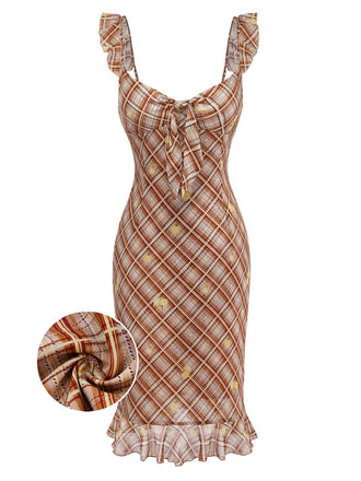 [Pre-Vendita] Abito Light Brown con Volant a Quadri Lemon Pencil Anni '60