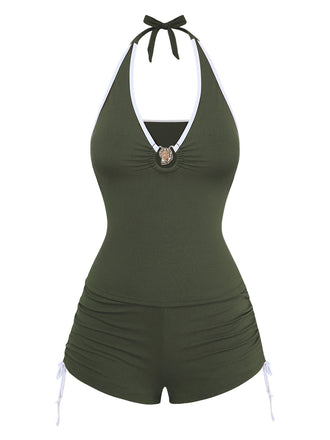 [Prevendita] Set Tankini Verde Militare  Anni '50 con Coulisse e Arricciatura