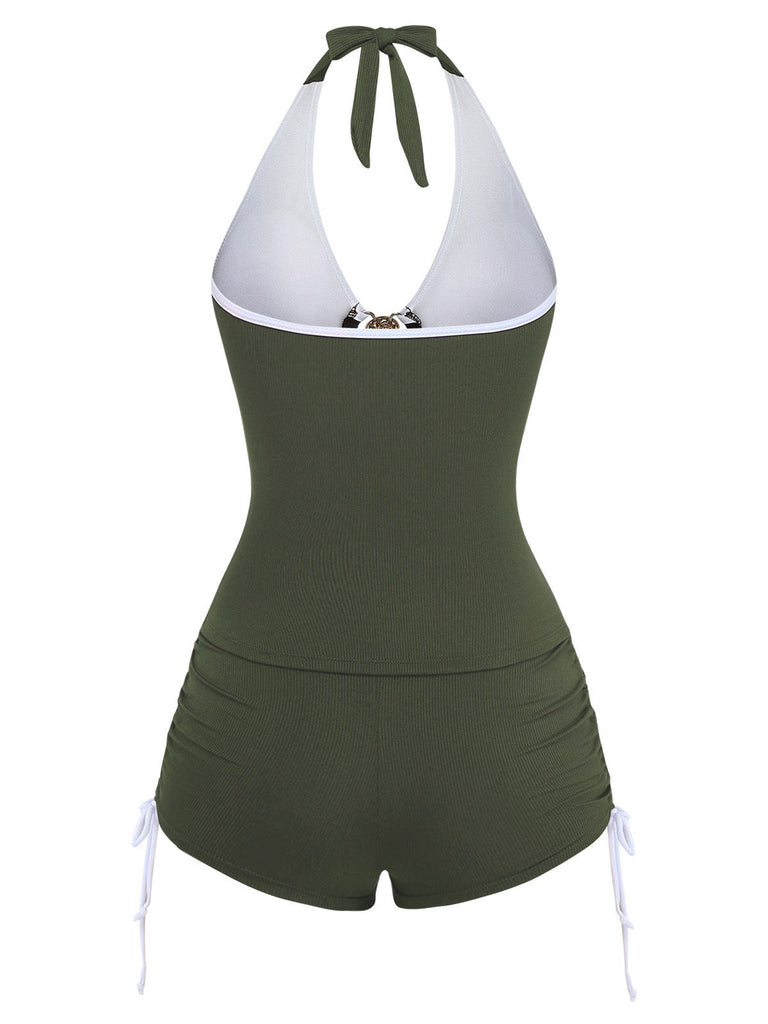[Prevendita] Set Tankini Verde Militare  Anni '50 con Coulisse e Arricciatura