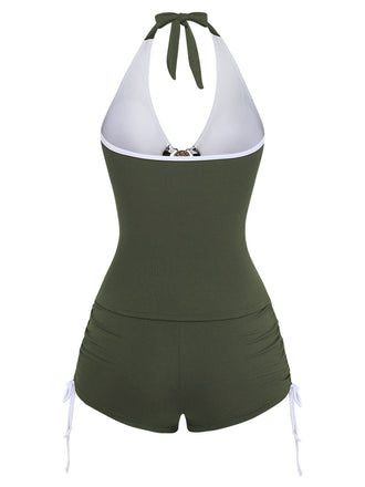 [Prevendita] Set Tankini Verde Militare  Anni '50 con Coulisse e Arricciatura