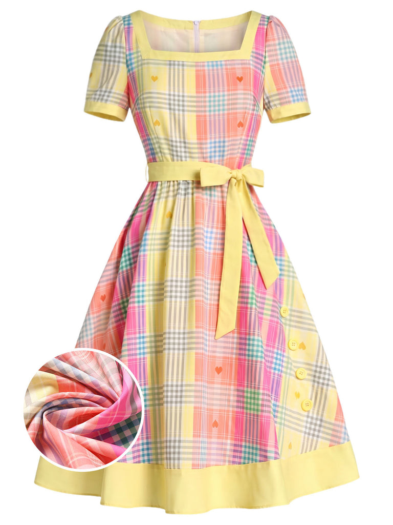 [Prevendita] Abito Scollo Quadrato a Quadri con Cuore Giallo Chiaro Anni '50