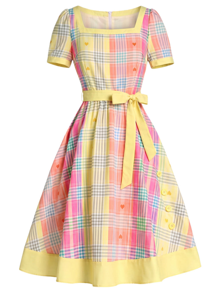 [Prevendita] Abito Scollo Quadrato a Quadri con Cuore Giallo Chiaro Anni '50