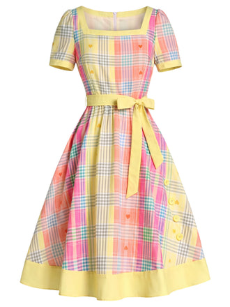 [Prevendita] Abito Scollo Quadrato a Quadri con Cuore Giallo Chiaro Anni '50