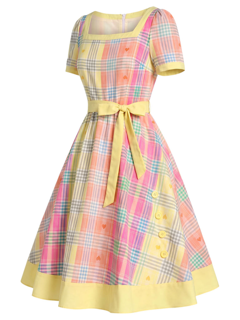 [Prevendita] Abito Scollo Quadrato a Quadri con Cuore Giallo Chiaro Anni '50
