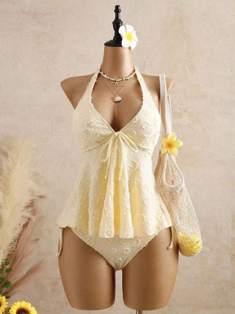 Set Tankini Textured Floreale Halter Deep V Anni '50 3