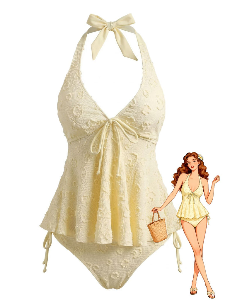 Set Tankini Textured Floreale Halter Deep V Anni '50