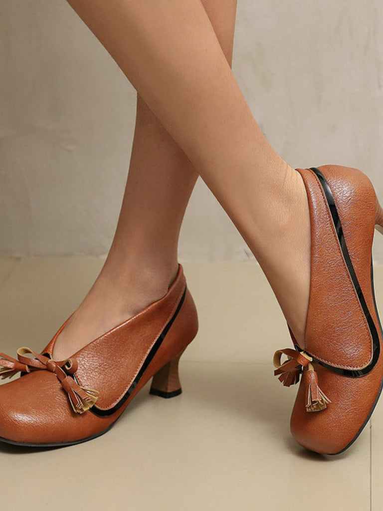 Scarpe con tacco spesso e punta tonda in PU con fiocco