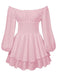 Mini-abito-anni '50-con-spalle-scoperte-a-maniche-lunghe-e-arricciature