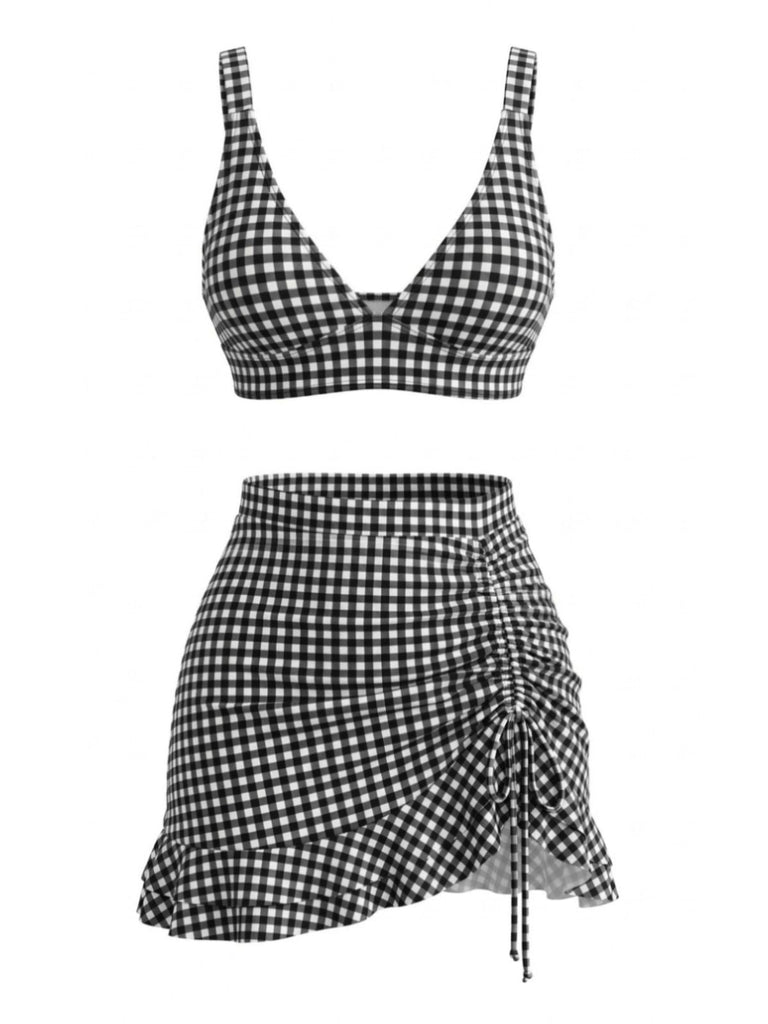 Set Tankini 3PCS con Volant Hem a Quadri Drawstring Anni '50 5