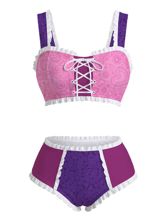 Purple and pink lingerie set with lace details on a white background