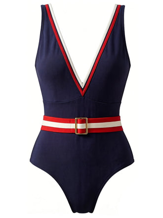 [Pre-Vendita] Costume Intero con Finta Cintura Colorblock Blu Navy Anni '40
