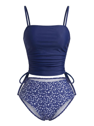 Navy 1950s Print Spaghetti Strap Tankini Set 3