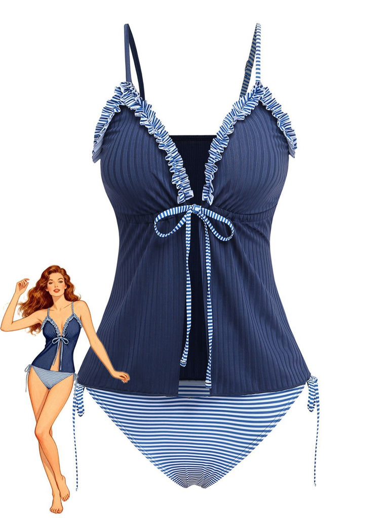 Navy blue striped tankini with ruffled tie-front top in vintage 1950s swimwear style