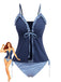 Navy blue striped tankini with ruffled tie-front top in vintage 1950s swimwear style