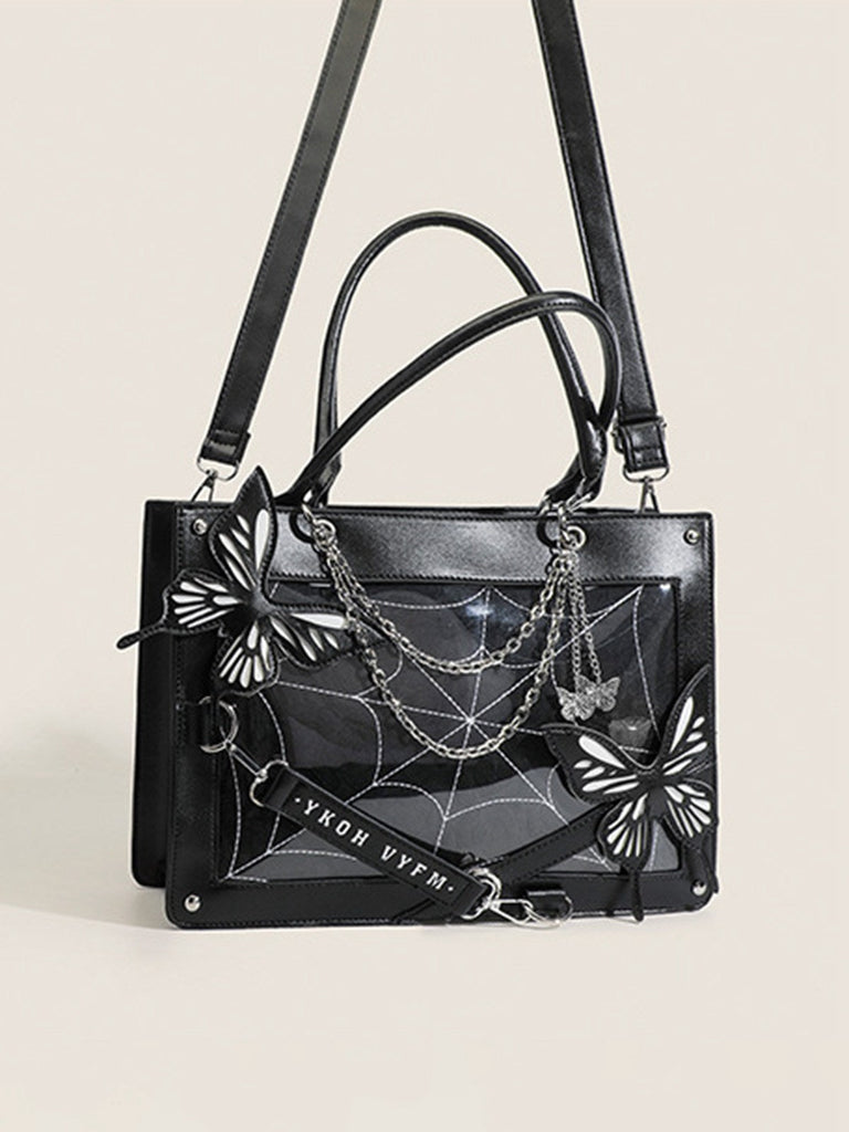 Borsa a mano con catene a forma di ragno e farfalla gotica