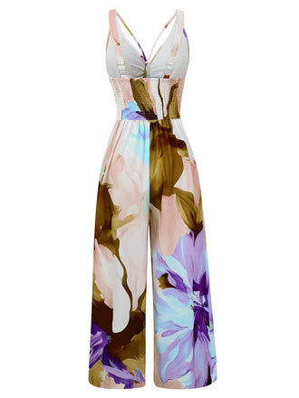 Tuta lunga arricciata floreale con scollo a V anni '70