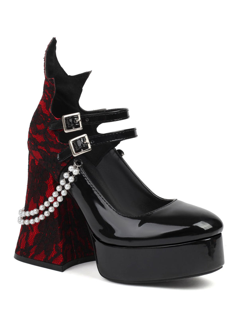 Scarpe con tacco alto gotico con pizzo nero e perle retrò