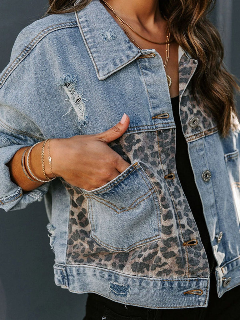Giacca leopardata in denim patchwork blu anni '80