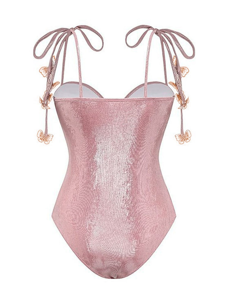 Costumi intero con farfalle 3D scintillanti rosa anni '50