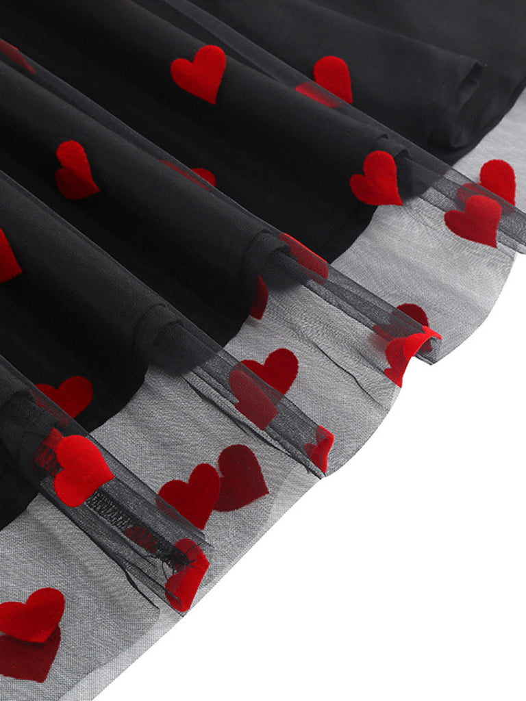 Abito in rete a cuore floccato patchwork nero anni '50