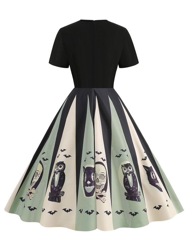 Abito con stampa ragnatela patchwork Halloween rosso anni '50