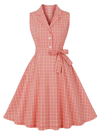 Abito plaid con revers e cintura rosa anni '50