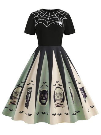 Abito con stampa ragnatela patchwork Halloween anni '50