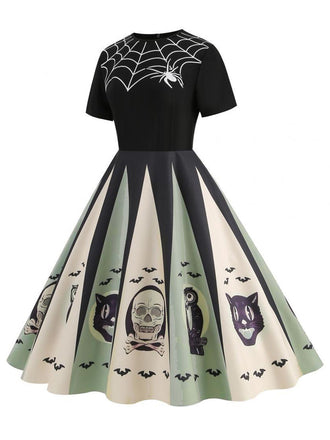 Abito con stampa ragnatela patchwork Halloween anni '50