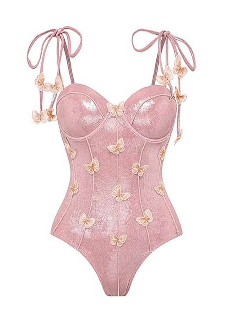 Costumi intero con farfalle 3D scintillanti rosa anni '50