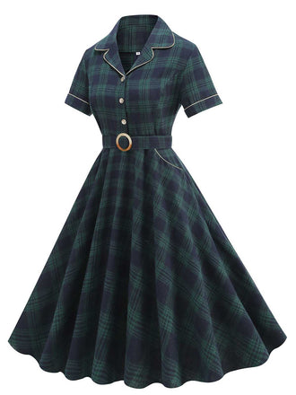 Abito a ruota a quadri con risvolto verde anni '50