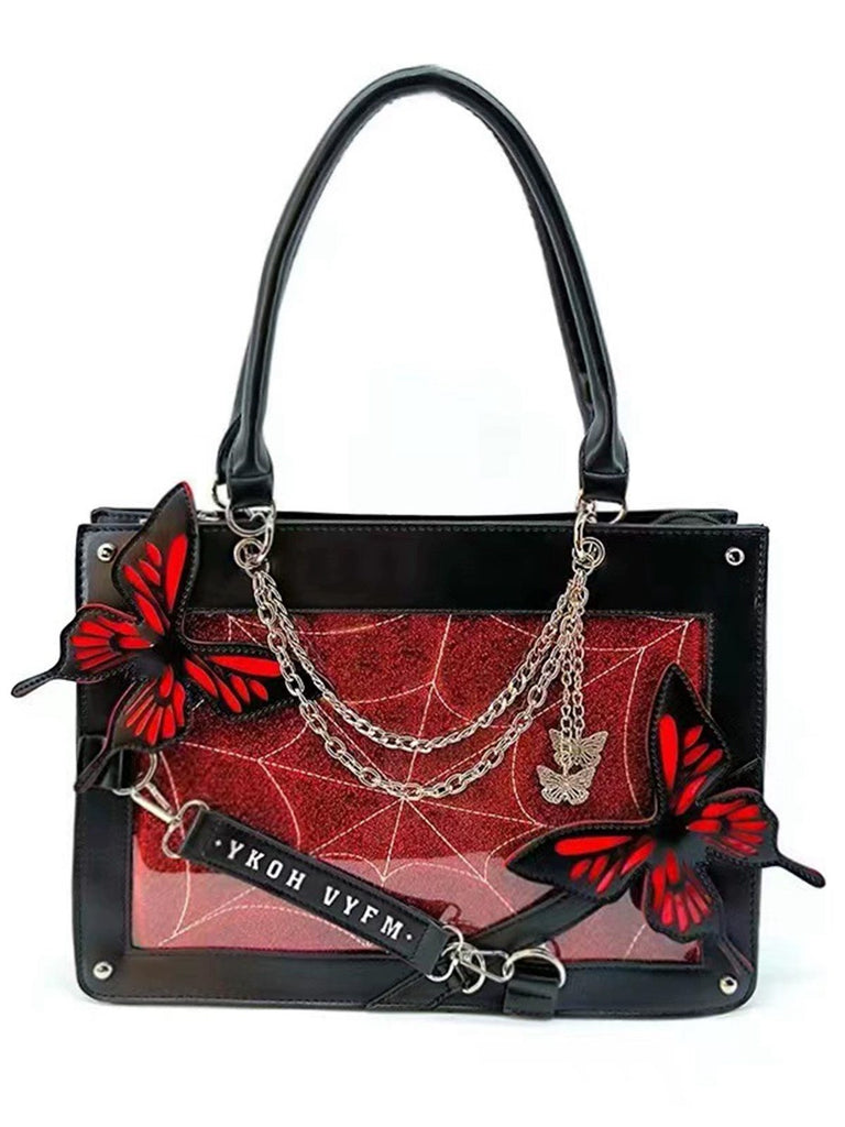 Borsa a mano con catene a forma di ragno e farfalla gotica