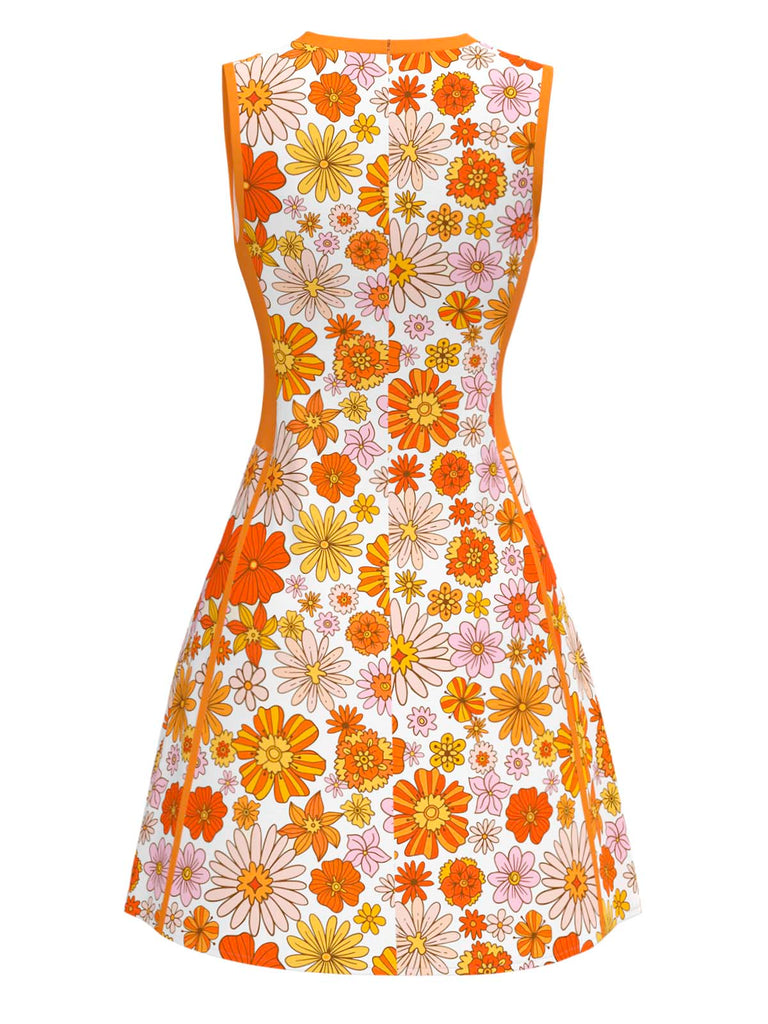 Orange 1960s Round Neck Daisy Sleeveless Dress - vintage dress, retro fashion