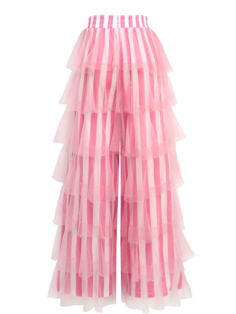 [Prevendita] Pantaloni a balze a strati in rete a righe verticali anni '70