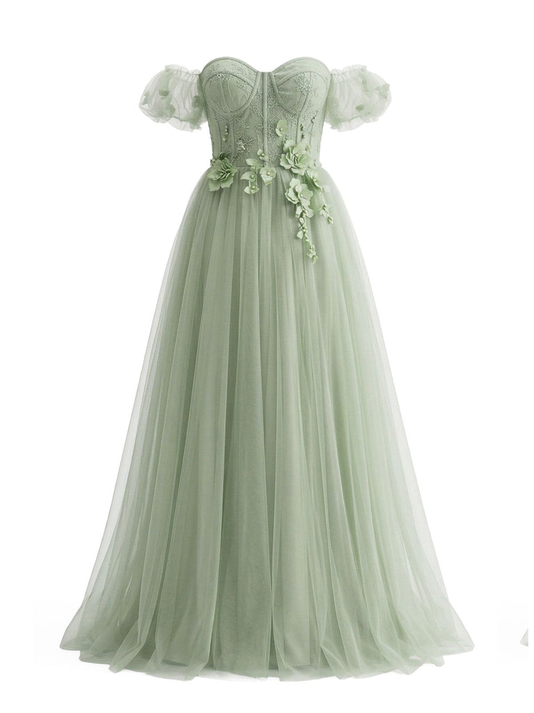 [Pre-Vendita] Abito Svasato con Spalle Scoperte in Maglia Floreale Verde Pallido Anni '30